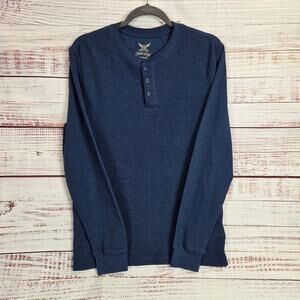 Faded Glory Men's Waffle Knit Blue Thermal Henley M 3 Button Crew Neck Pullover